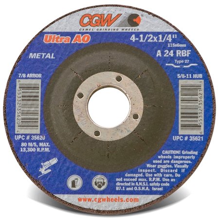 CGW CAMEL GRINDING WHEELS. CGW Abrasives Depressed Center Wheel 4-1/2 x 1/4 x 5/8- 11 INT T27 24 Grit Aluminum Oxide 35621